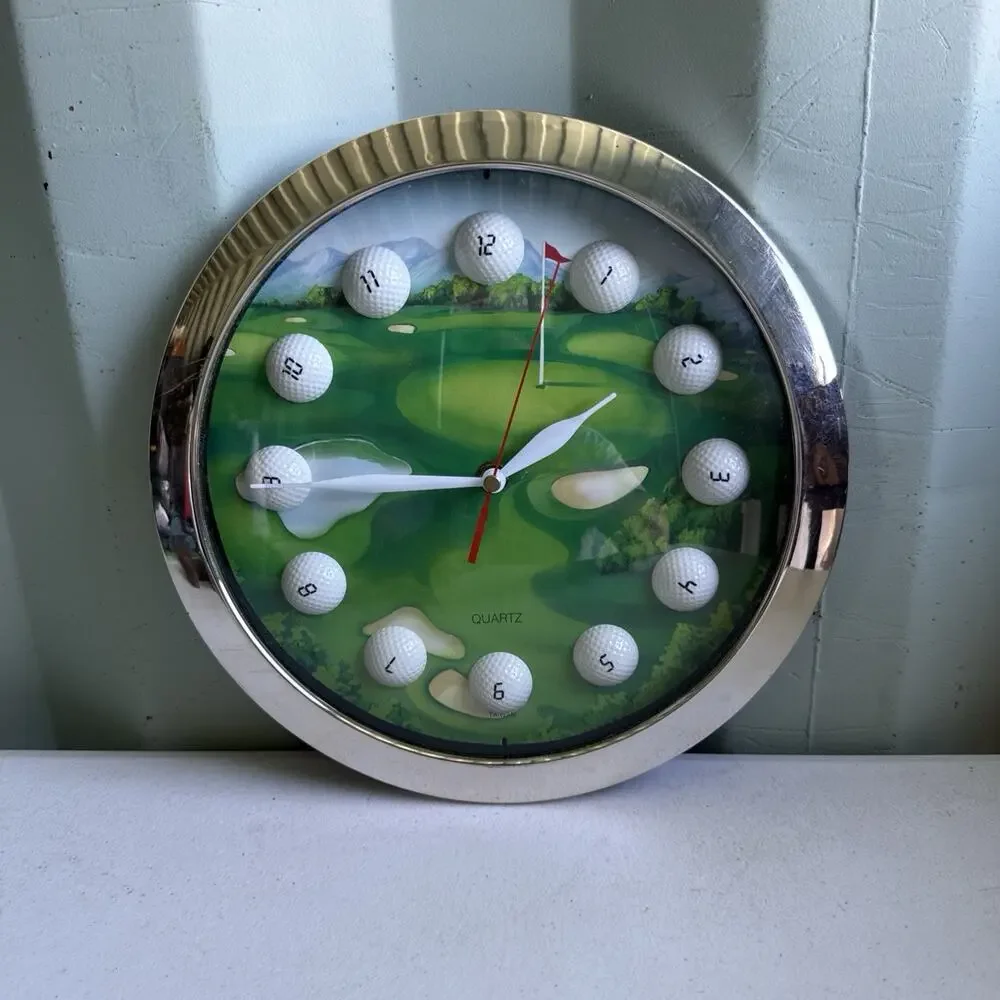 Working Golf Course Balls Wall Clock Quartz Chrome Rim 11 1/4